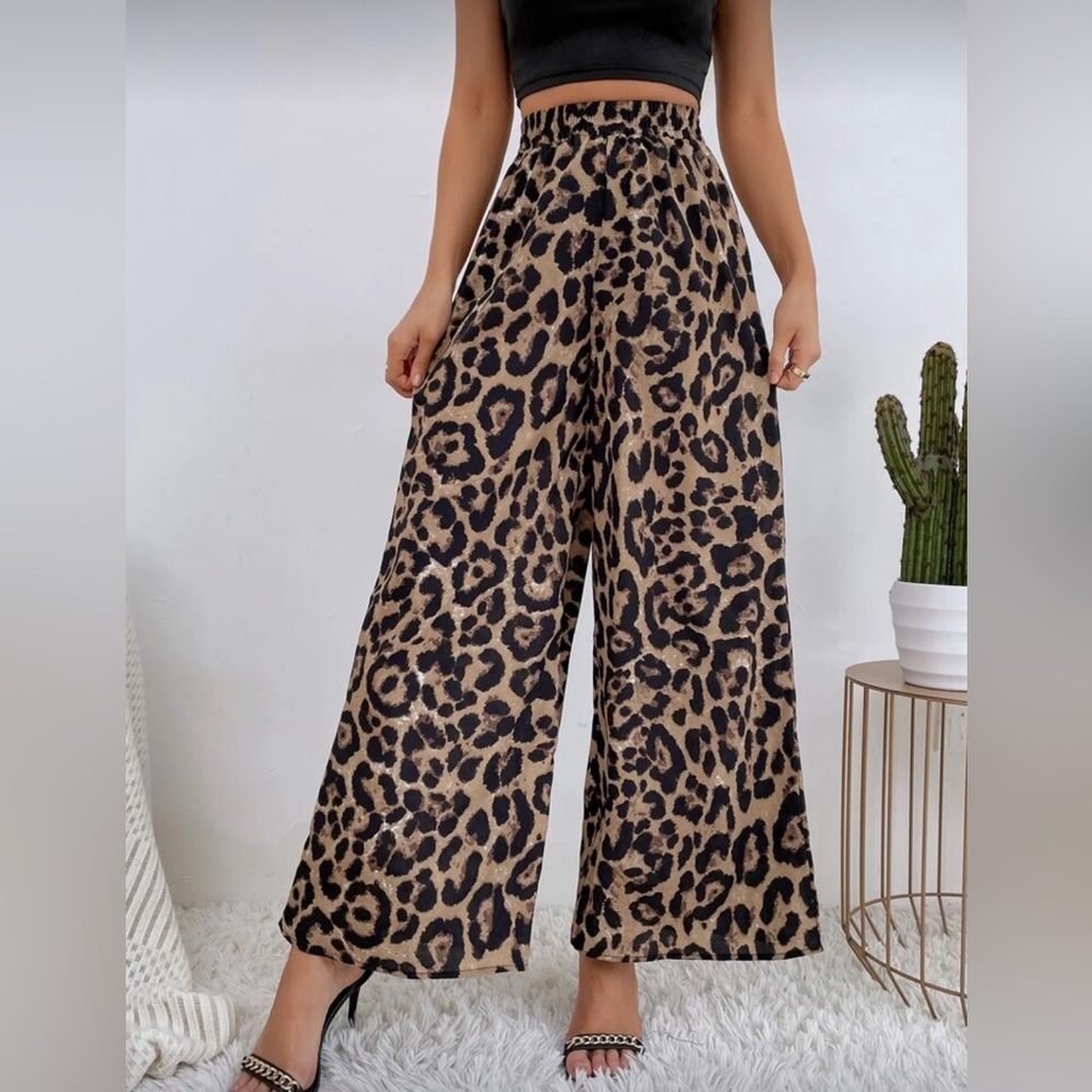 Leopard Brown Black Animal Print High Waisted Wide Leg Women’s Pants Large